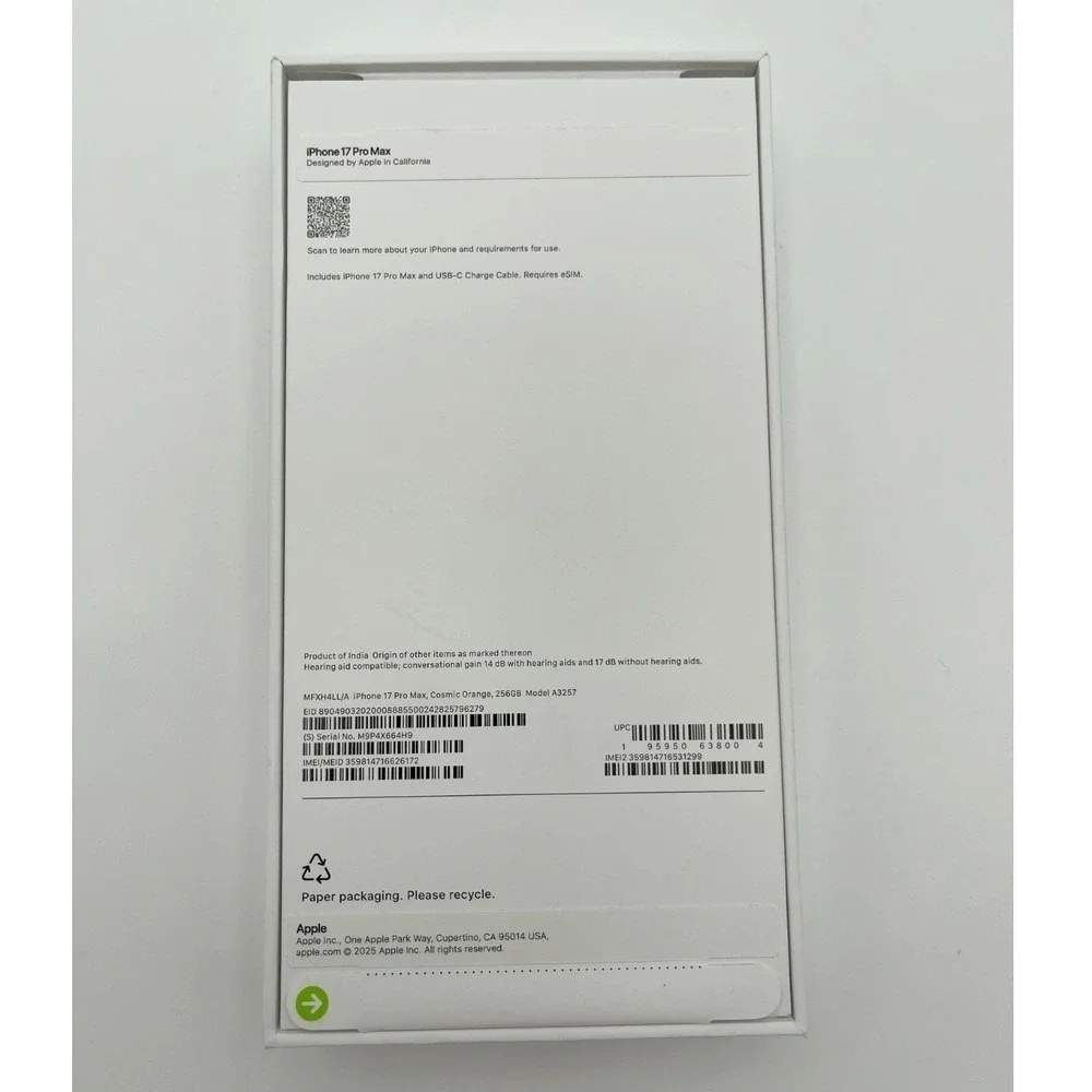 Apple‎ iPhone 17 Pro Max A3257 256 GB Cosmic Orange Box And Papers Only